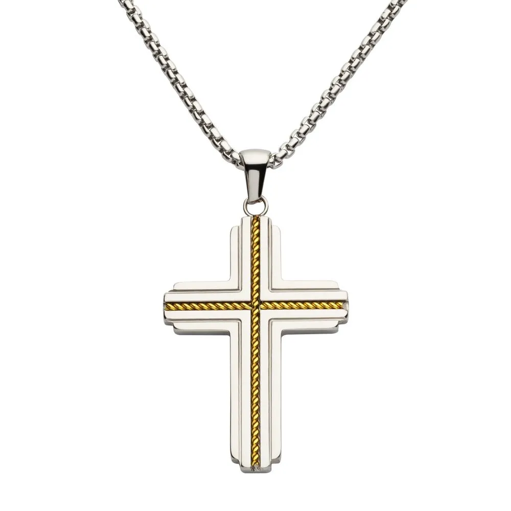 18Kt Gold StStl Rope Inlay 2Tn Cross Pendant