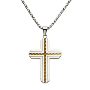 18Kt Gold StStl Rope Inlay 2Tn Cross Pendant