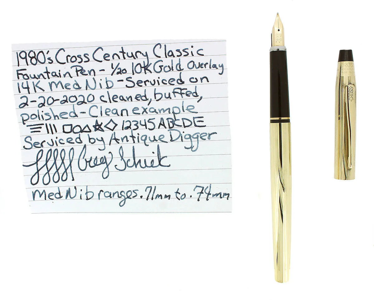 1980S CROSS CENTURY CLASSIC FOUNTAIN PEN 1/20 10K OVERLAY 14K MED NIB RESTORED