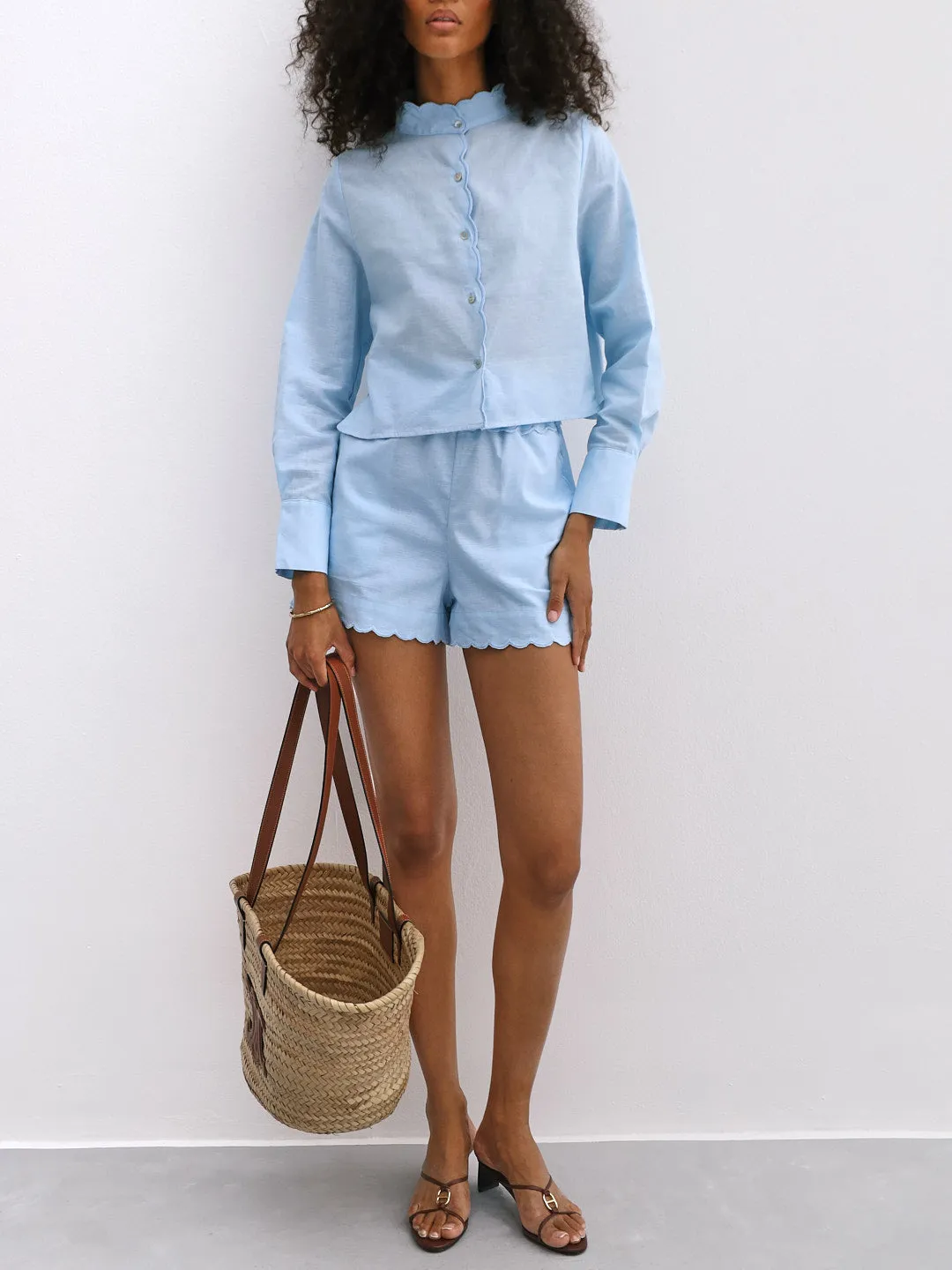 Aveline Scalloped Edge Linen Shirt | Pale Blue