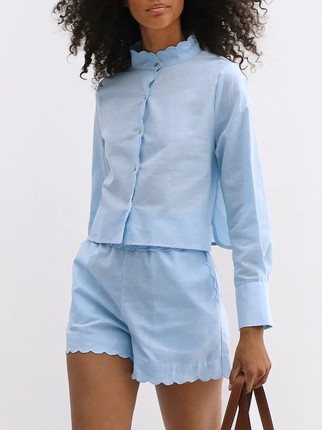 Aveline Scalloped Edge Linen Shirt | Pale Blue