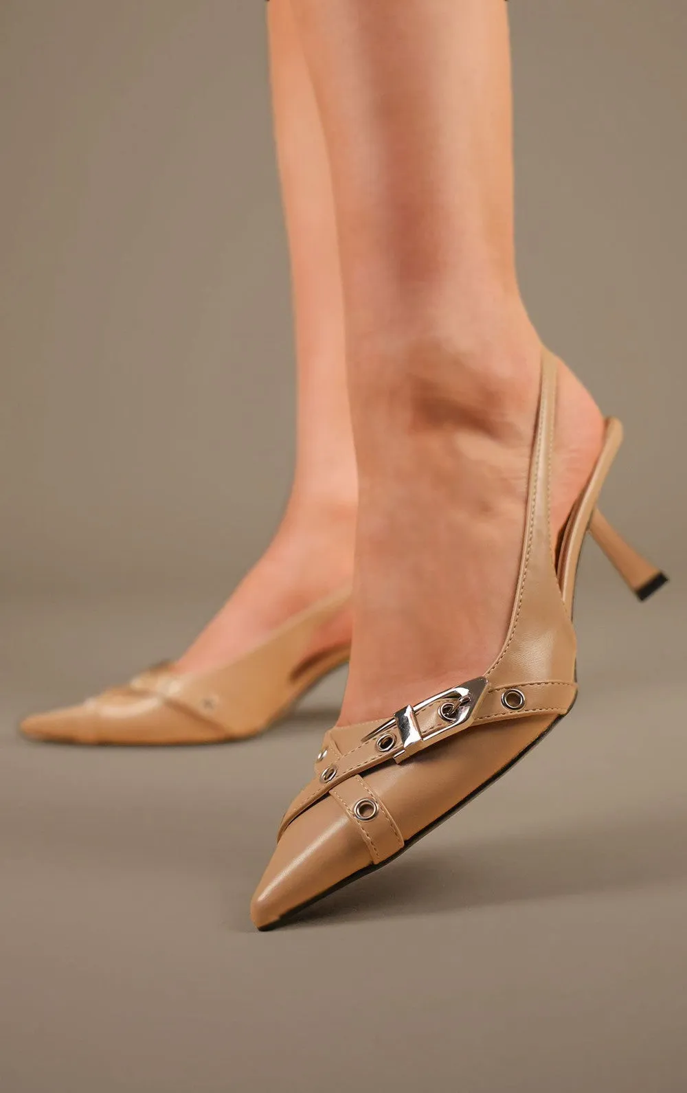 Beige Double Strap Design Slingback Kitten Heel Court Shoe