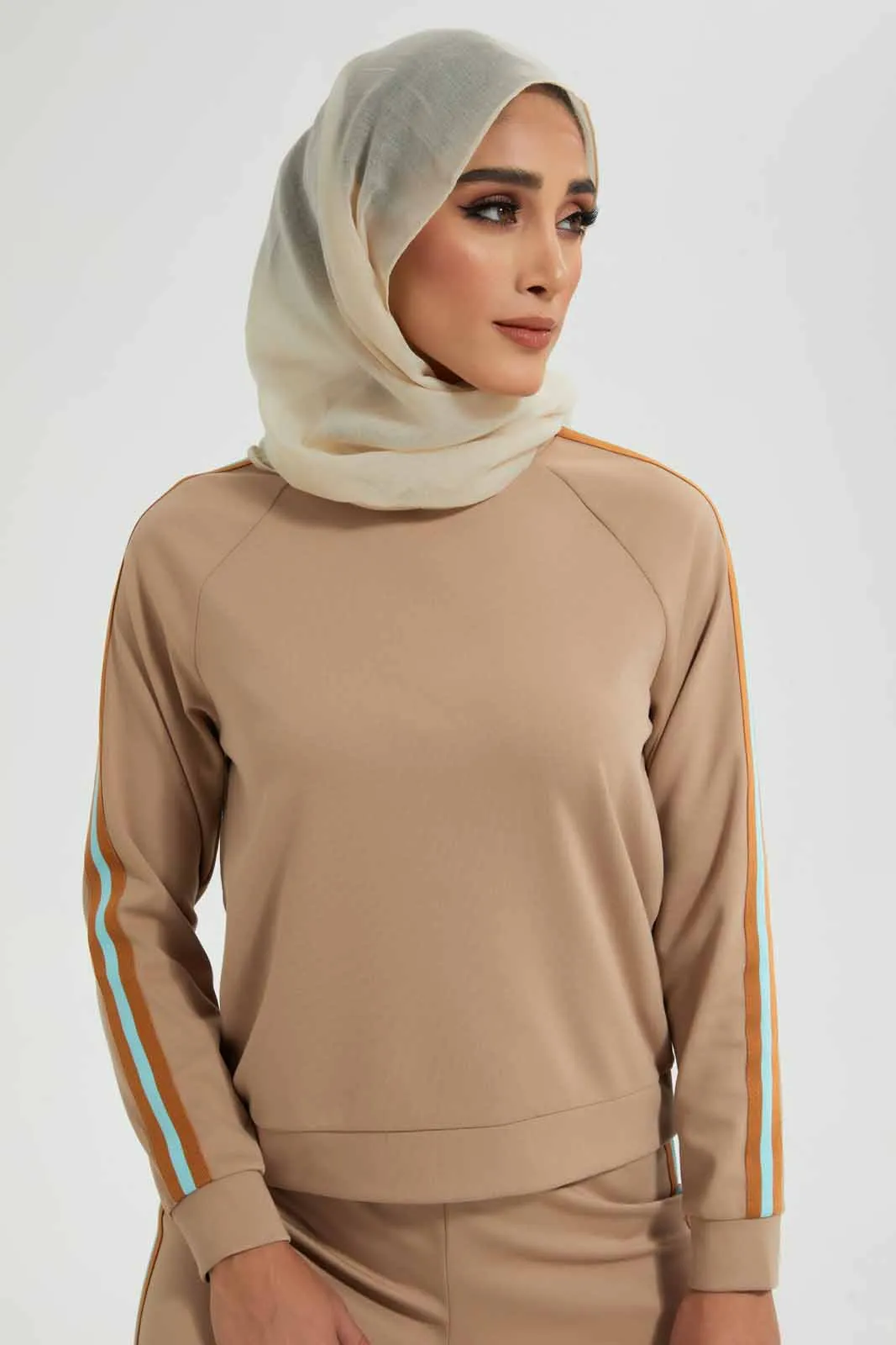 Beige Plain Top With Side Print