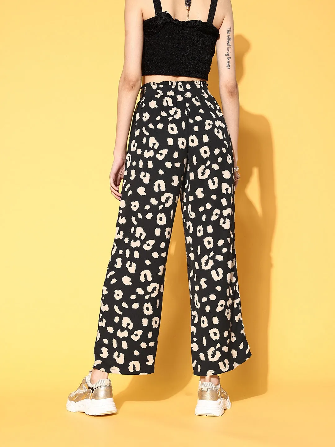 Berrylush Women Black & Beige Animal Printed High-Rise Elastic Waist Regular Trousers