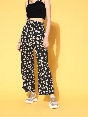 Berrylush Women Black & Beige Animal Printed High-Rise Elastic Waist Regular Trousers