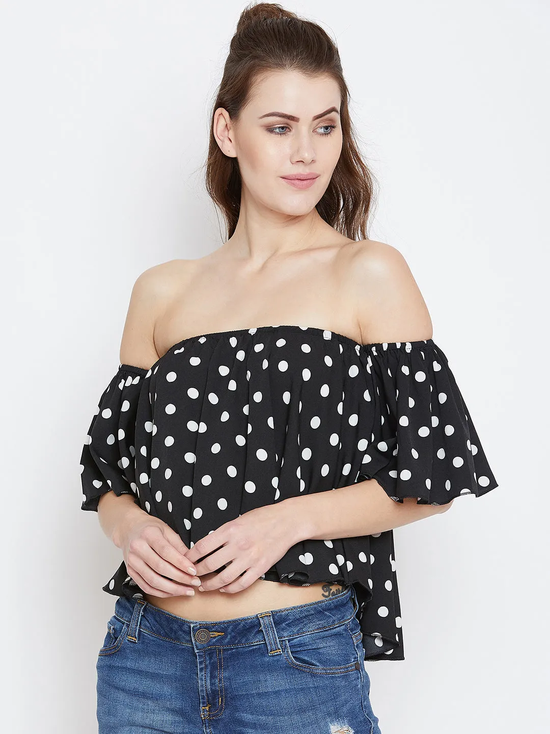 Berrylush Women Black & White Polka Dot Printed Off-Shoulder Neck Ruffled Crop Bardot Top