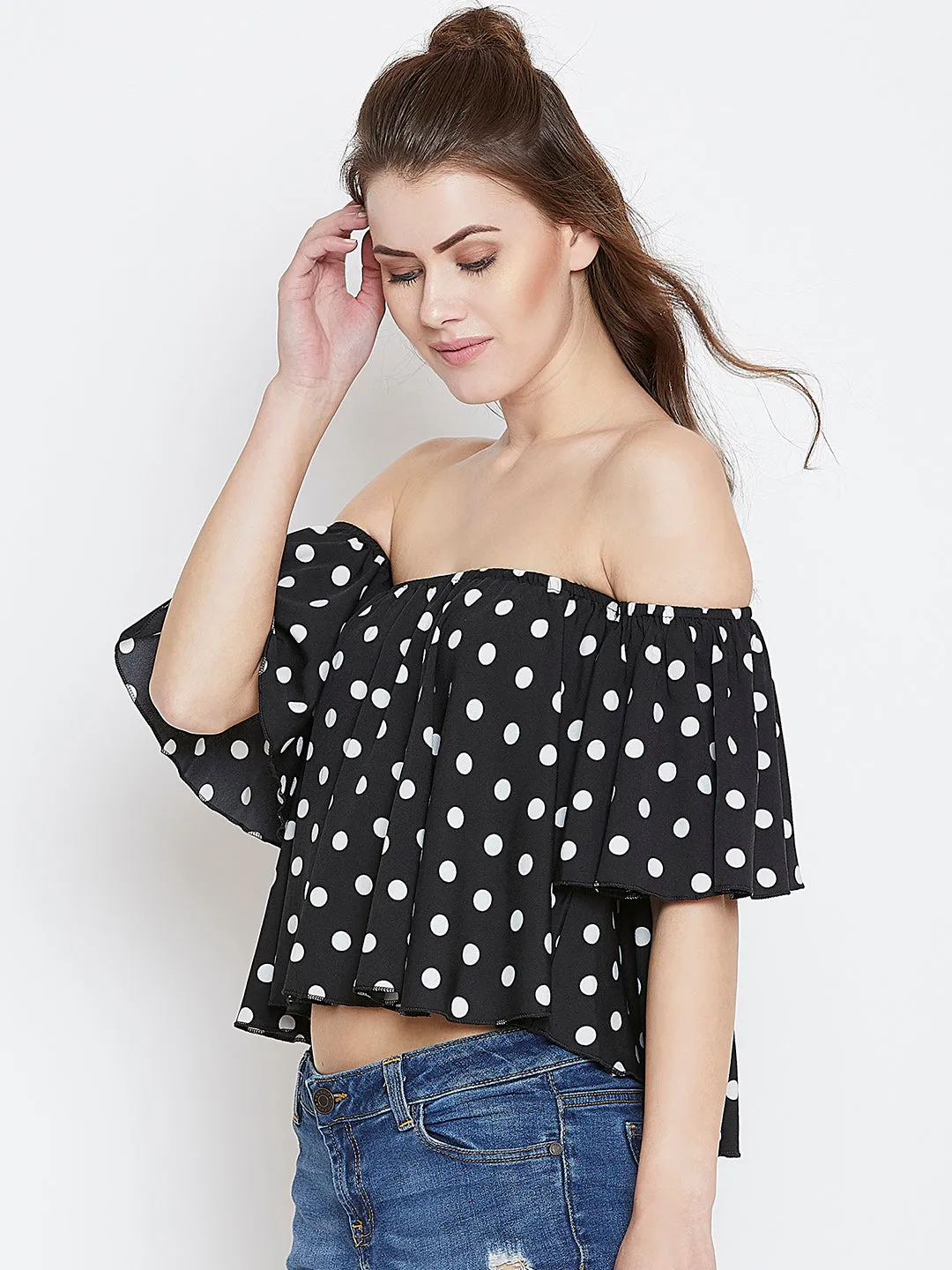 Berrylush Women Black & White Polka Dot Printed Off-Shoulder Neck Ruffled Crop Bardot Top