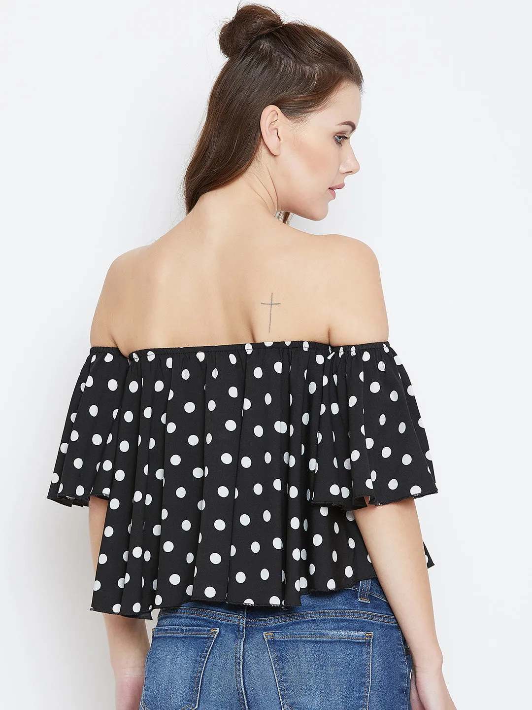 Berrylush Women Black & White Polka Dot Printed Off-Shoulder Neck Ruffled Crop Bardot Top