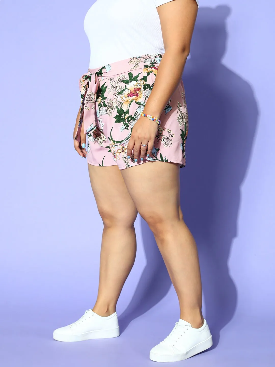 Berrylush Women Plus Size Pink & Green Floral Printed Tie-Up Elastic Waist Slip-On Mini Shorts