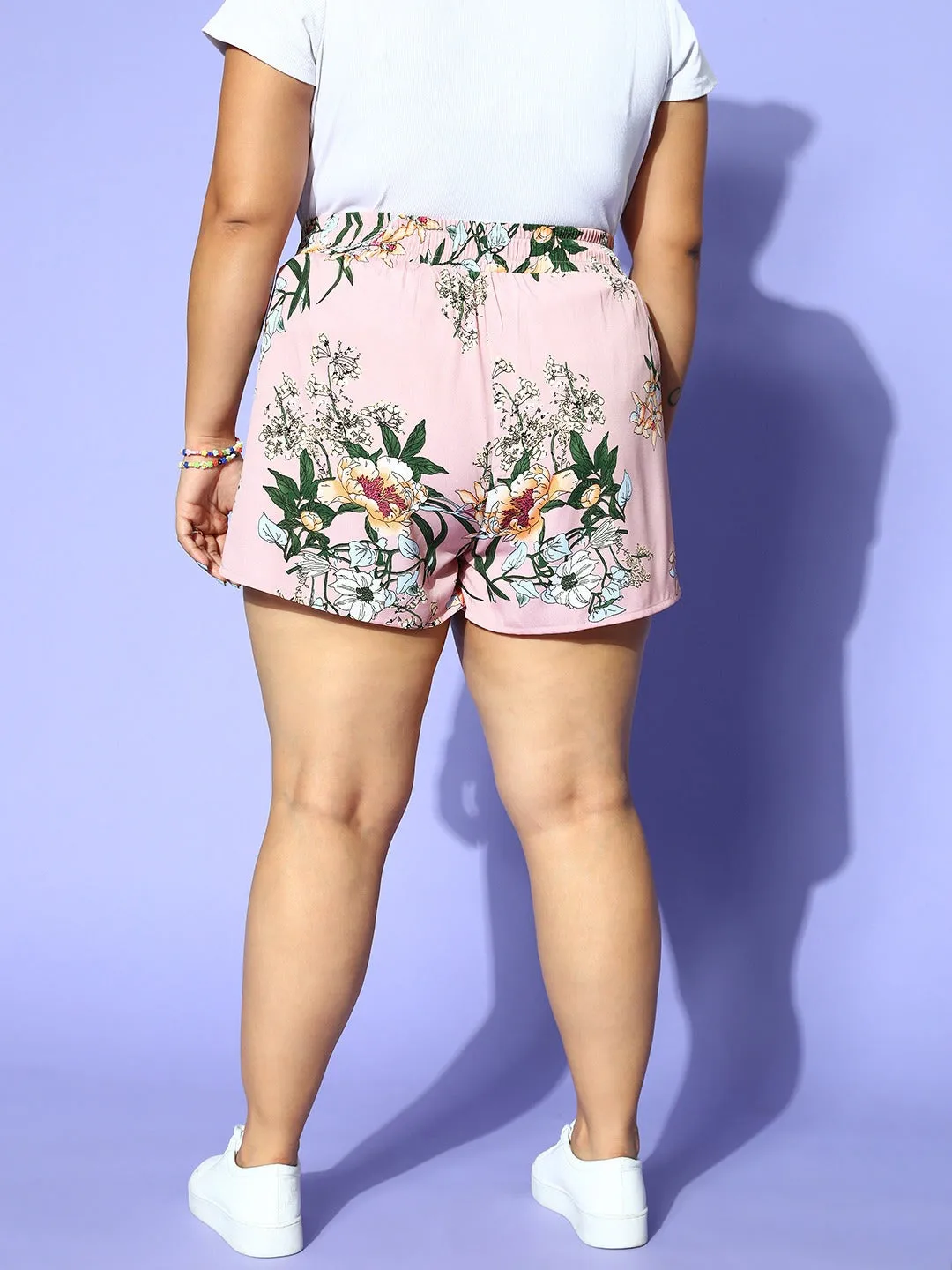 Berrylush Women Plus Size Pink & Green Floral Printed Tie-Up Elastic Waist Slip-On Mini Shorts