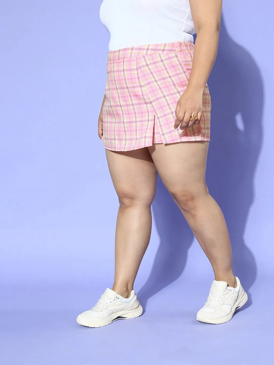 Berrylush Women Plus Size Pink Check Printed High-Rise Slip-On Waist Slitted Mini Shorts