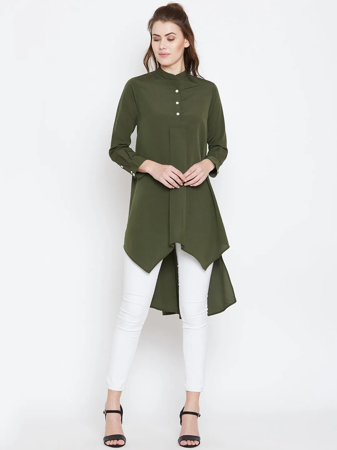 Berrylush Women Solid Olive Green Mandarin Collar High-Low Longline Top