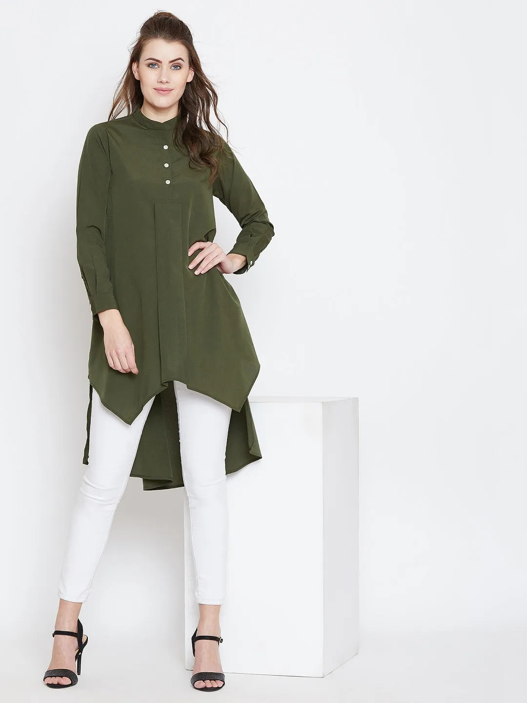 Berrylush Women Solid Olive Green Mandarin Collar High-Low Longline Top