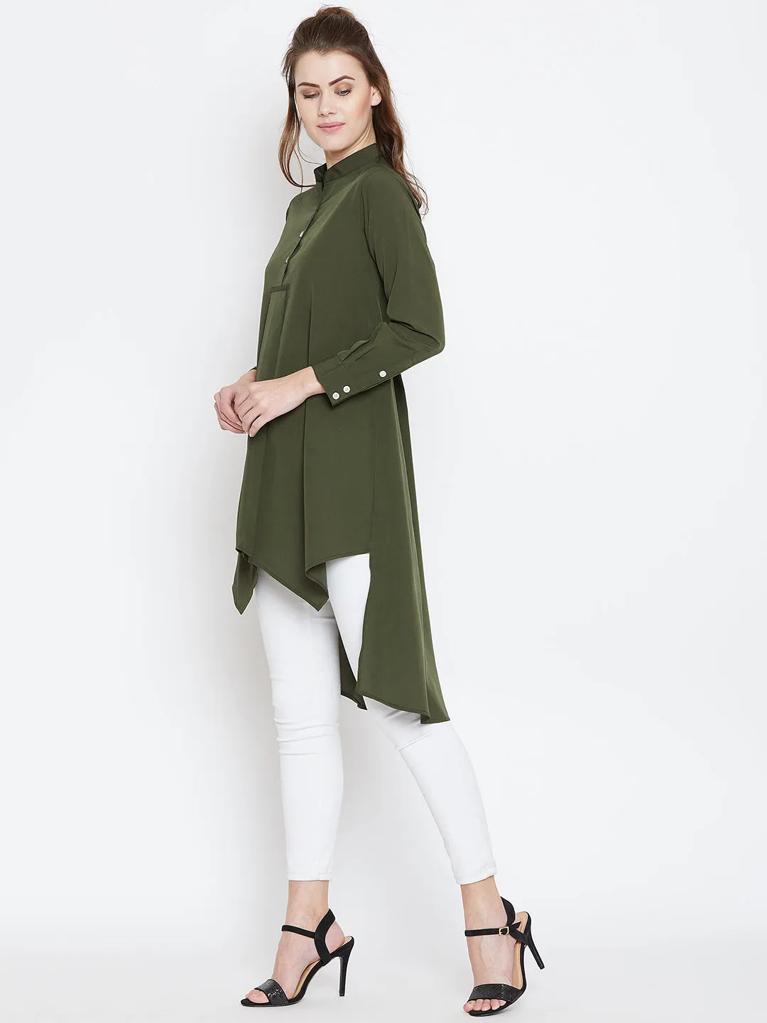 Berrylush Women Solid Olive Green Mandarin Collar High-Low Longline Top