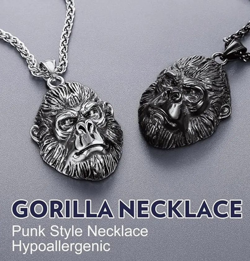 Black Ape Face Pendant Gorilla Head Chain Monkey Jewelry Silver Stainless Steel 24in.