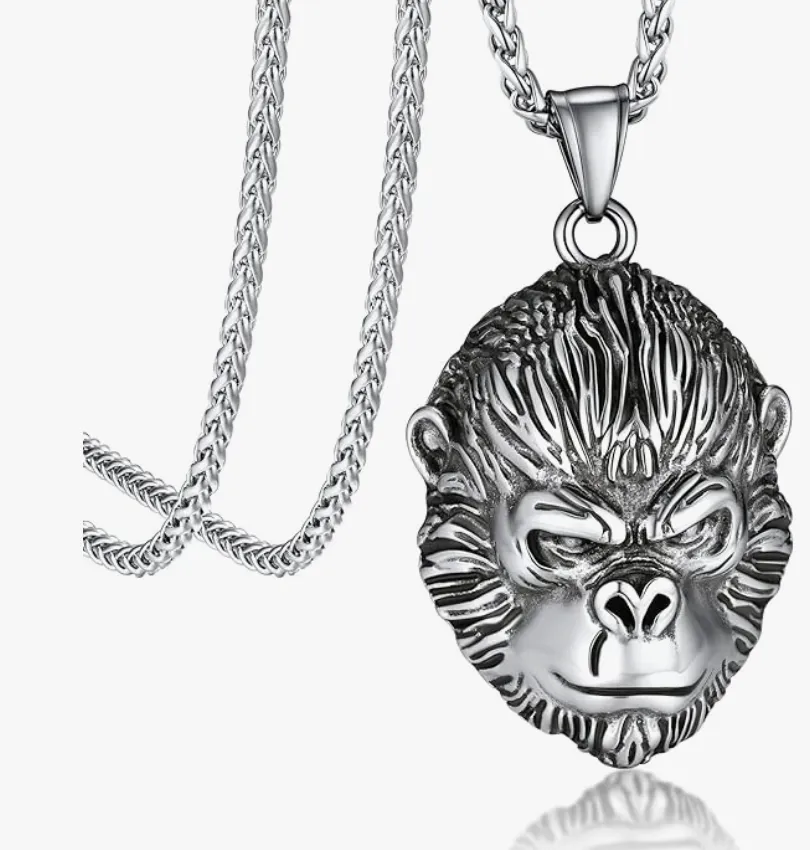 Black Ape Face Pendant Gorilla Head Chain Monkey Jewelry Silver Stainless Steel 24in.