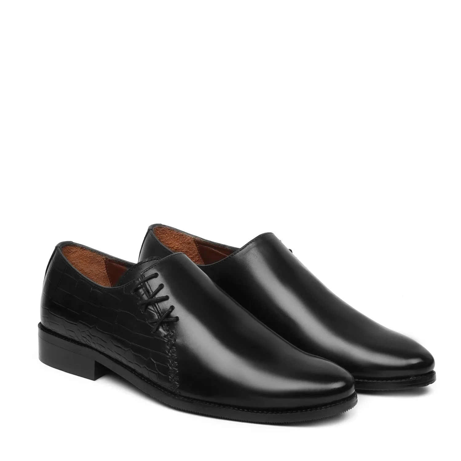 Black Cross Stitched Side Lacing with Quarter Deep Cut Croco Leather Formal Shoes by Brune & Bareskin