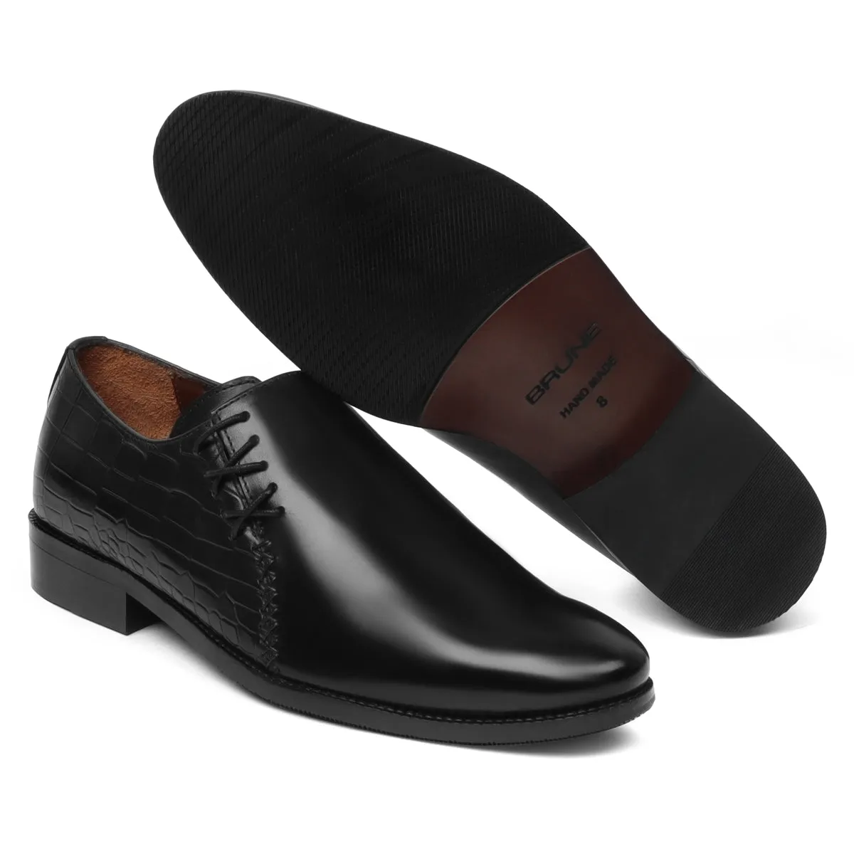 Black Cross Stitched Side Lacing with Quarter Deep Cut Croco Leather Formal Shoes by Brune & Bareskin