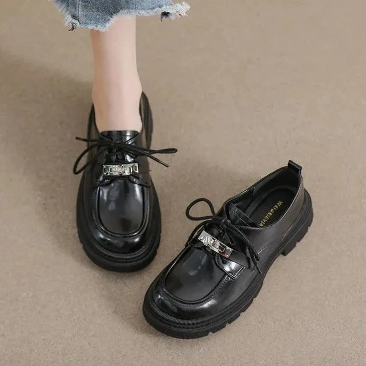 Black Leather Loafers with Heel - W805-2 British Style Women's Casual Shoes