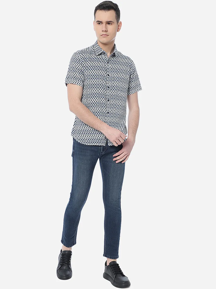 Blue & White Printed Slim Fit Semi Casual Shirt | Greenfibre