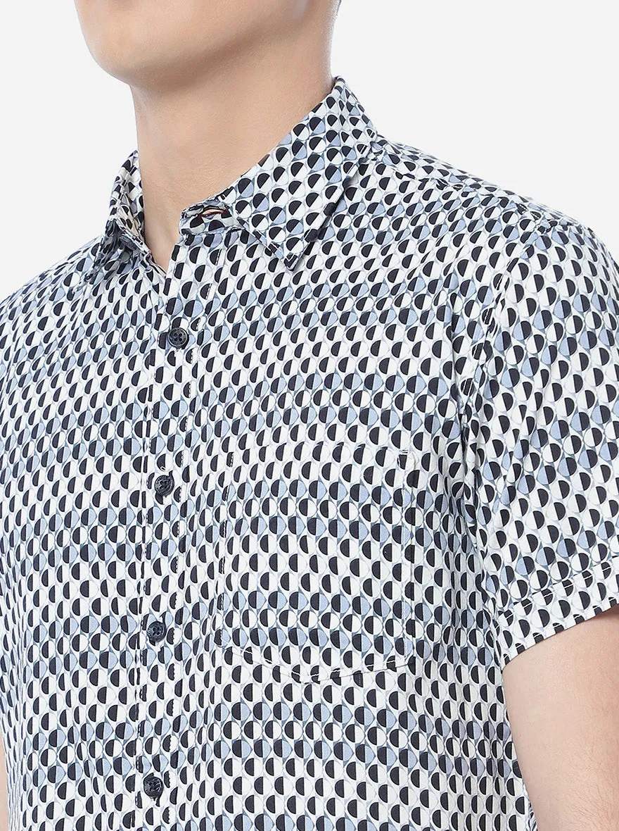 Blue & White Printed Slim Fit Semi Casual Shirt | Greenfibre