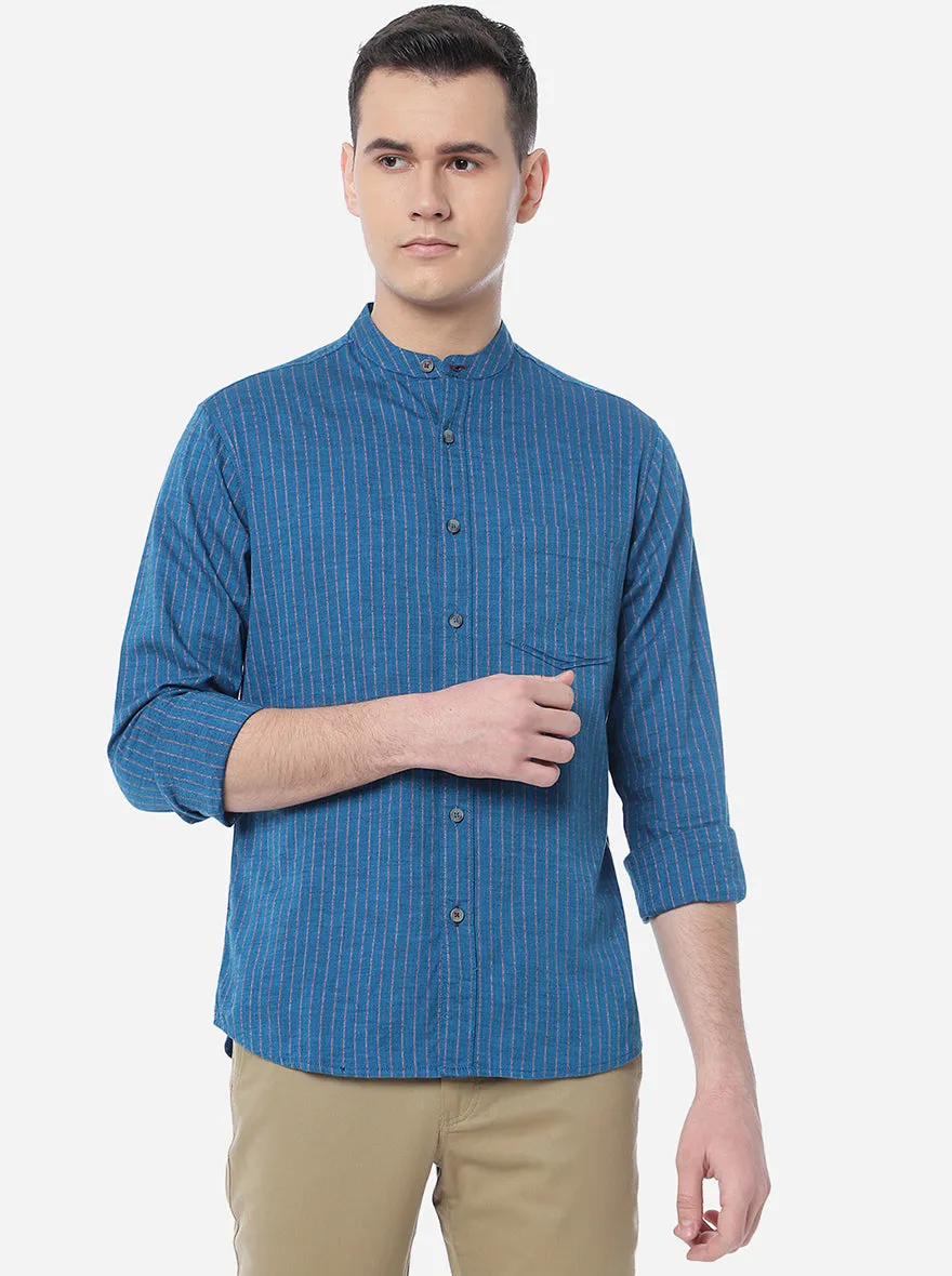 Blue Striped Slim Fit Semi Casual Shirt | Greenfibre