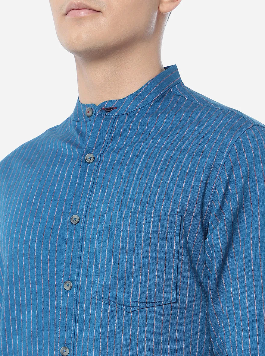 Blue Striped Slim Fit Semi Casual Shirt | Greenfibre