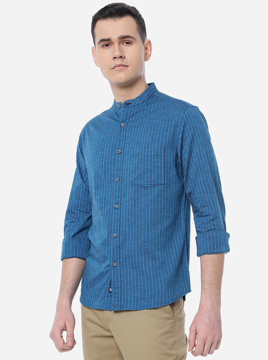 Blue Striped Slim Fit Semi Casual Shirt | Greenfibre