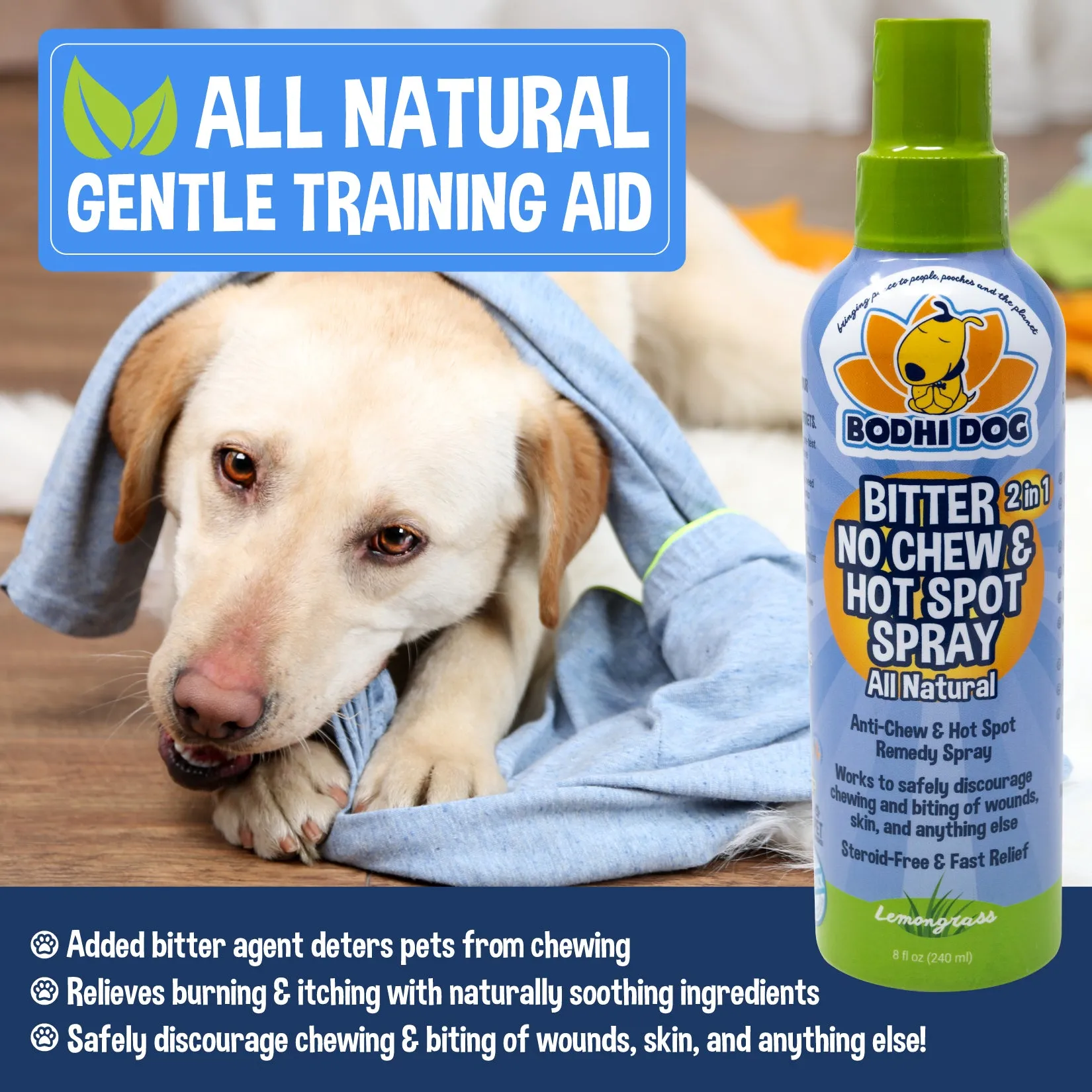 Bodhi Dog New Bitter 2 in 1 No Chew & Hot Spot Spray | Natural Anti-Chew Remedy Better Than Bitter Apple | Safe on Skin, Wounds and Most Surfaces | Made in USA