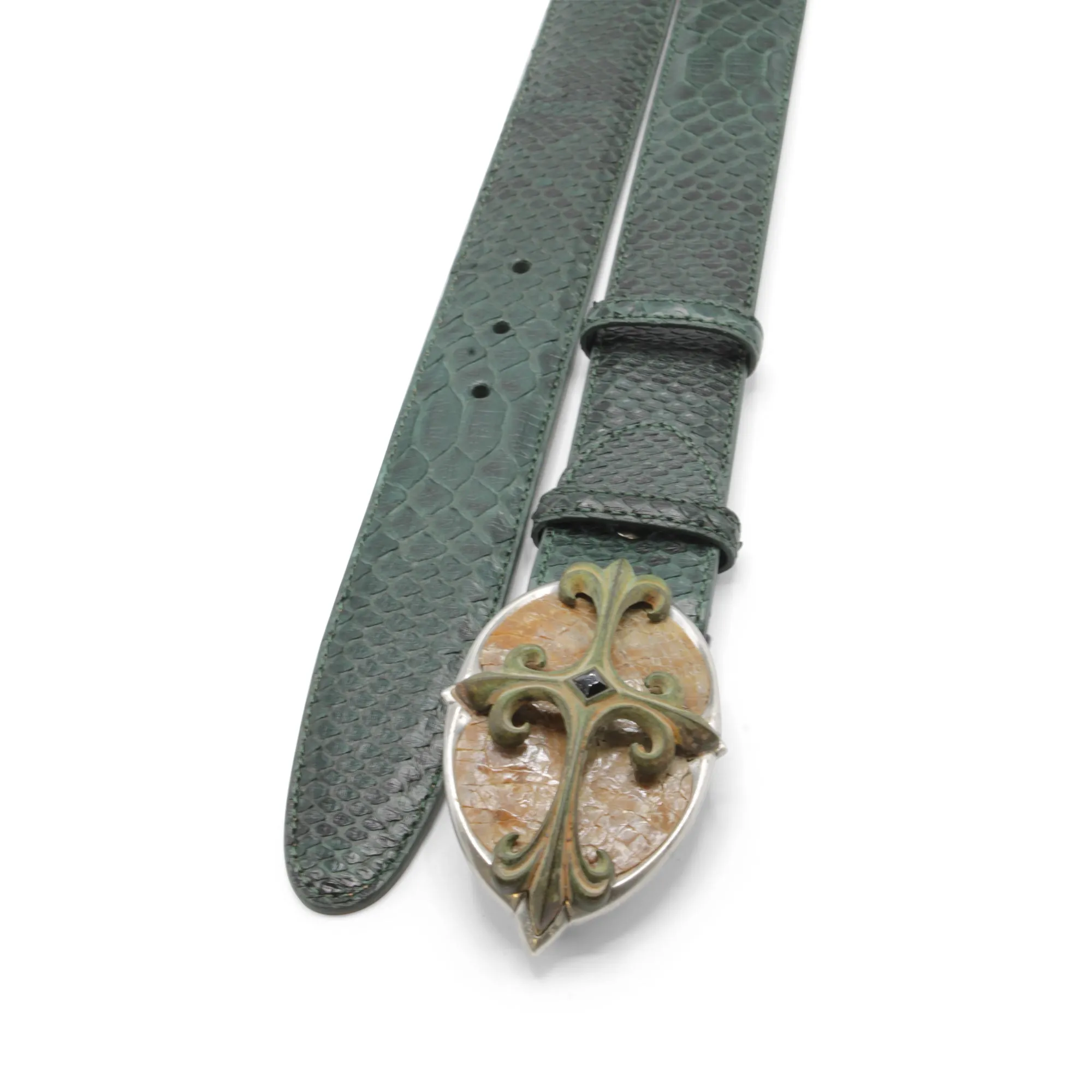 Bottle Green Genuine Python Iron Cross Shell Belt