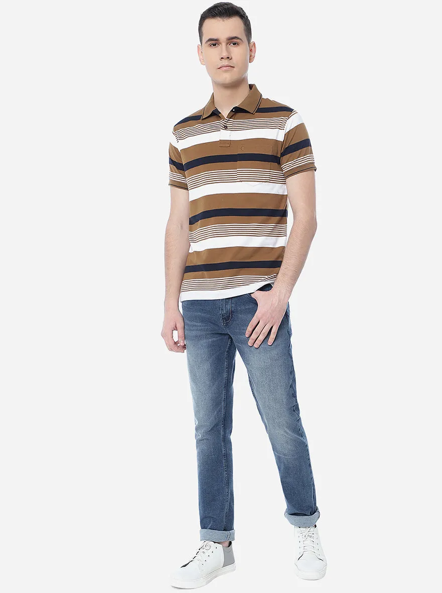 Brown & White Striped Slim Fit Polo T-Shirt | Greenfibre