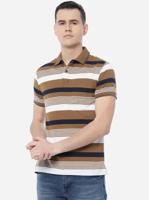 Brown & White Striped Slim Fit Polo T-Shirt | Greenfibre