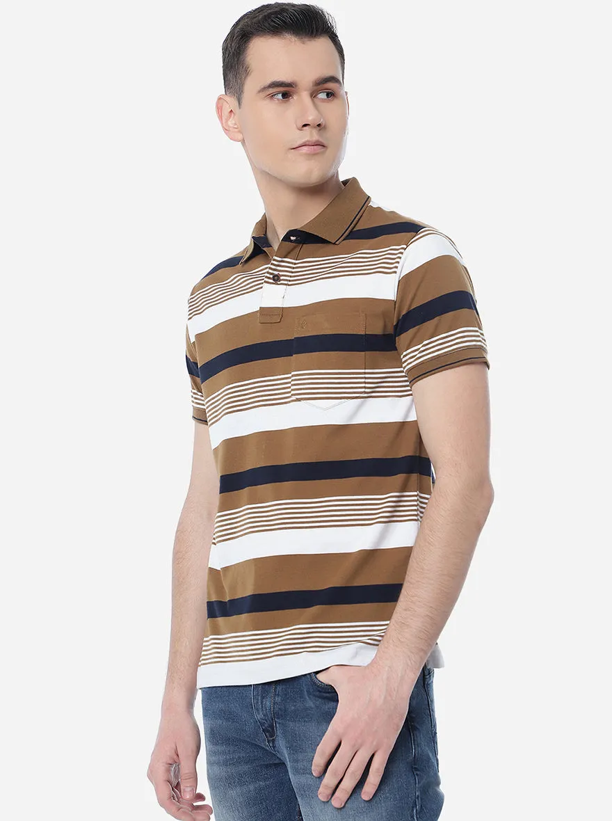 Brown & White Striped Slim Fit Polo T-Shirt | Greenfibre