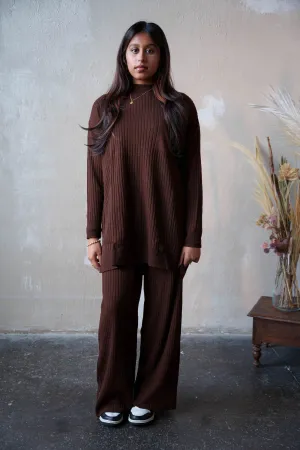 Brown Ribbed Pocket Tunic and Pants Set