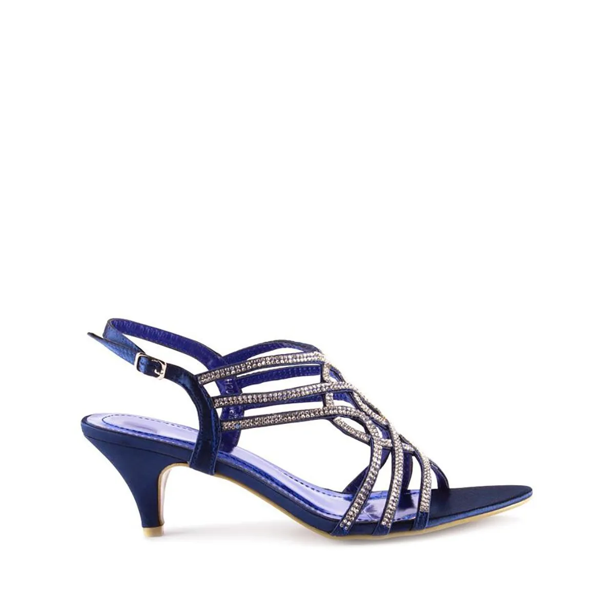 CASSANDRA Low Heel Strappy Diamante Open Toe Sling Back Sandal