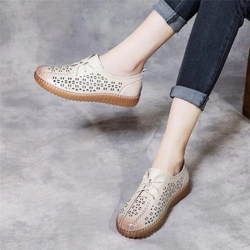 Casual Shoes Genuine Cow Leather Flat Comfortable For Women Hollow Breathable Lace-Up Ladies Flats