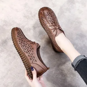 Casual Shoes Genuine Cow Leather Flat Comfortable For Women Hollow Breathable Lace-Up Ladies Flats