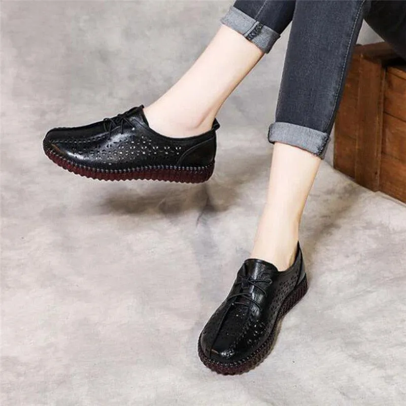 Casual Shoes Genuine Cow Leather Flat Comfortable For Women Hollow Breathable Lace-Up Ladies Flats