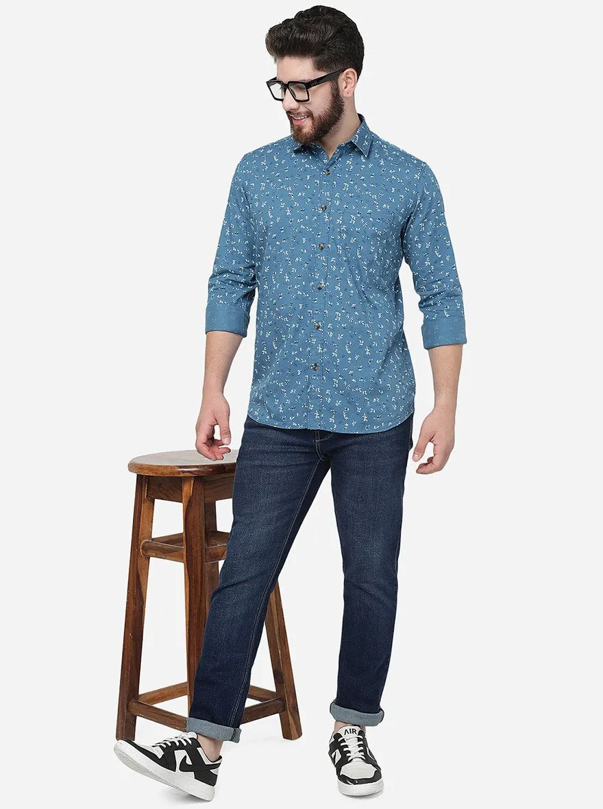 Celestial Blue Printed Slim Fit Casual Shirt | JadeBlue