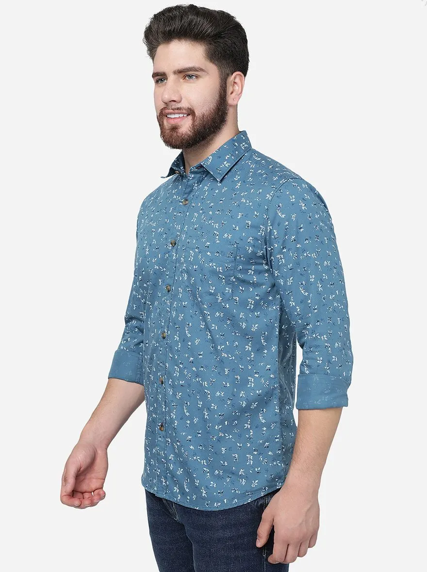 Celestial Blue Printed Slim Fit Casual Shirt | JadeBlue