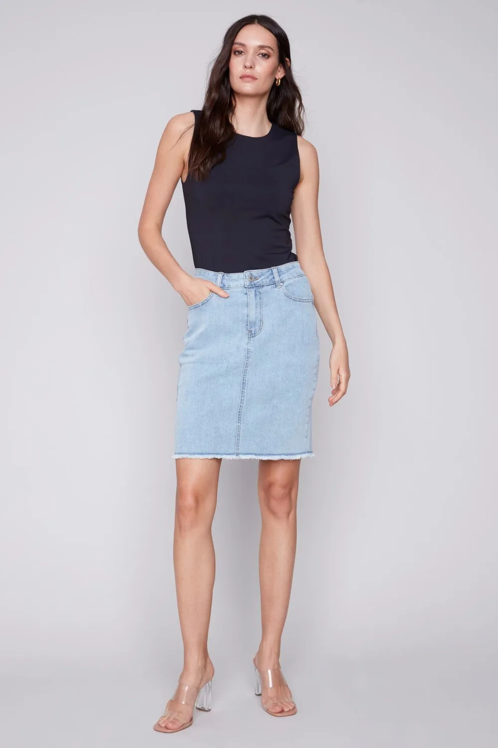 Charlie B Stretch Denim Skort with Frayed Hem C7042Y-431A-243 Bleach Blue