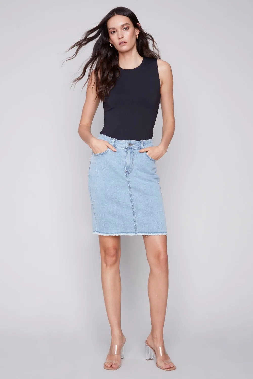 Charlie B Stretch Denim Skort with Frayed Hem C7042Y-431A-243 Bleach Blue