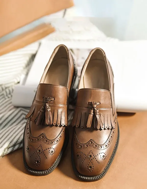 [Clearance] Genuine Leather Tassels British Brogue Oxfords Women (40)