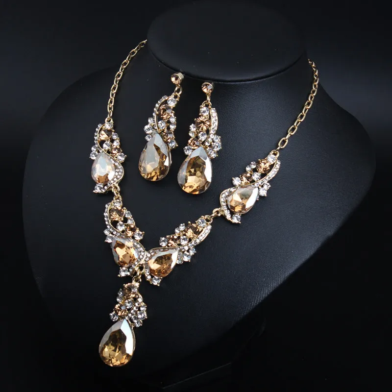 Cross-border crystal gem flash short necklace earrings set European and American exaggerated dress