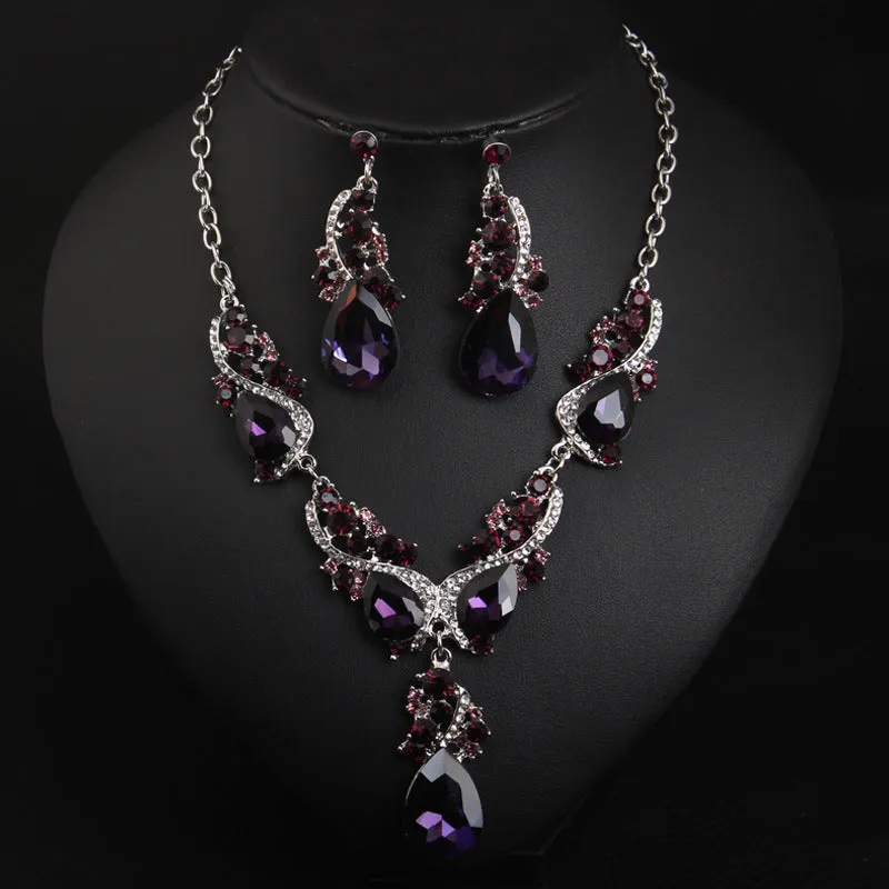 Cross-border crystal gem flash short necklace earrings set European and American exaggerated dress