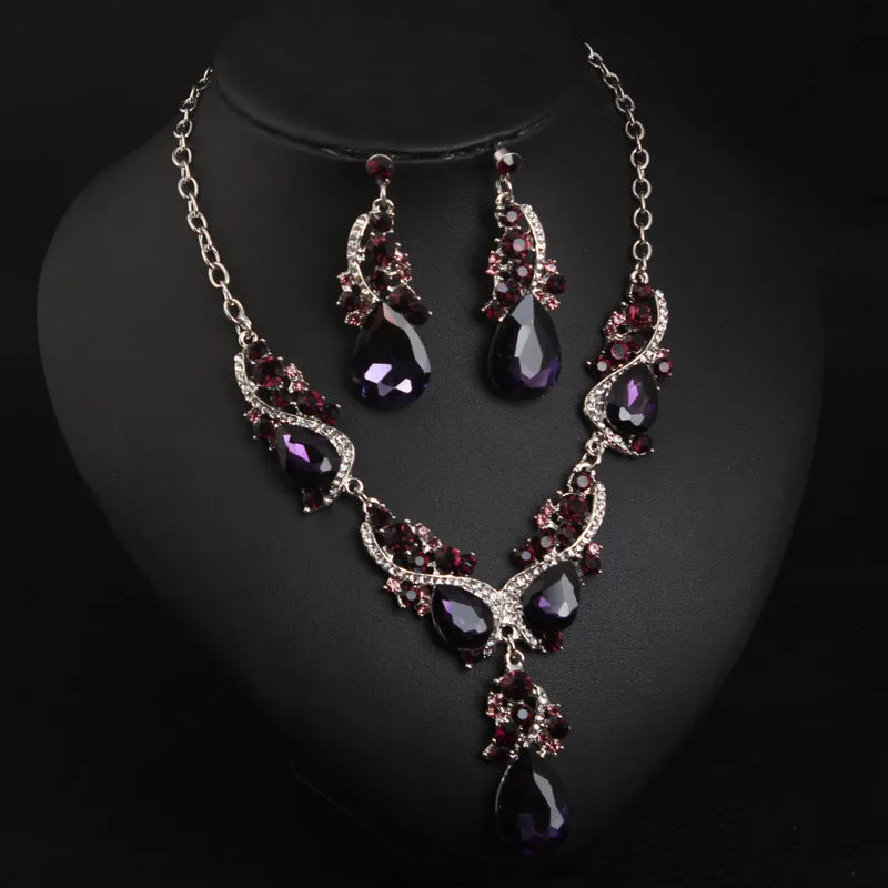 Cross-border crystal gem flash short necklace earrings set European and American exaggerated dress