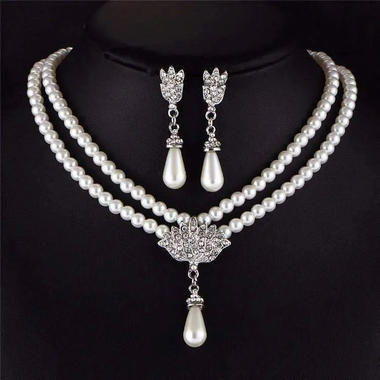 Crystal Medallion Two Strand Ivory Pearl Bead Necklace and Earring Set