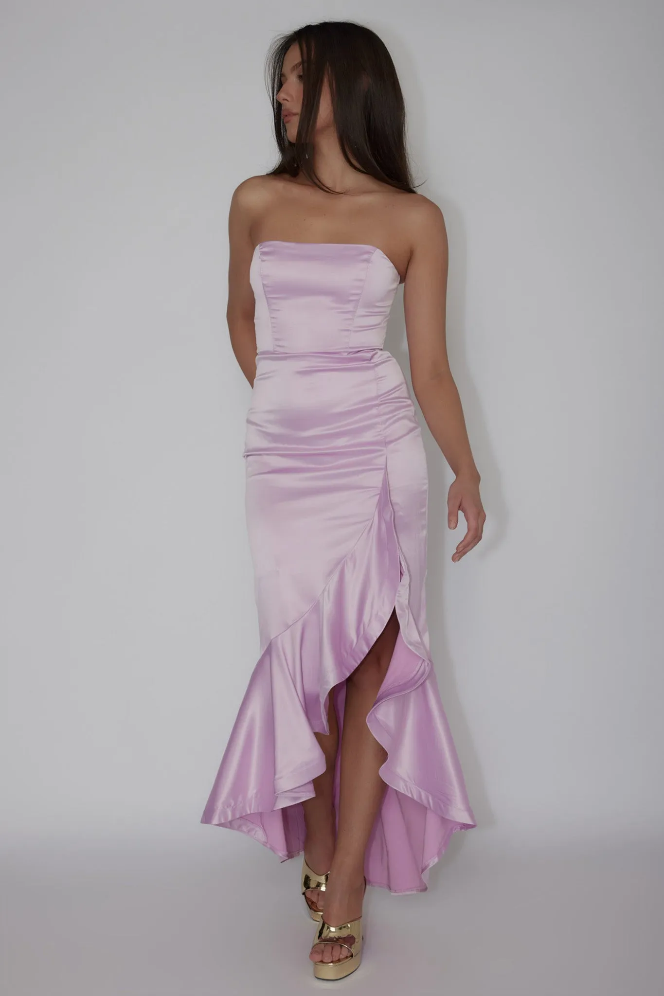 Diony Strapless Ruffle Hem Midi Dress Pink