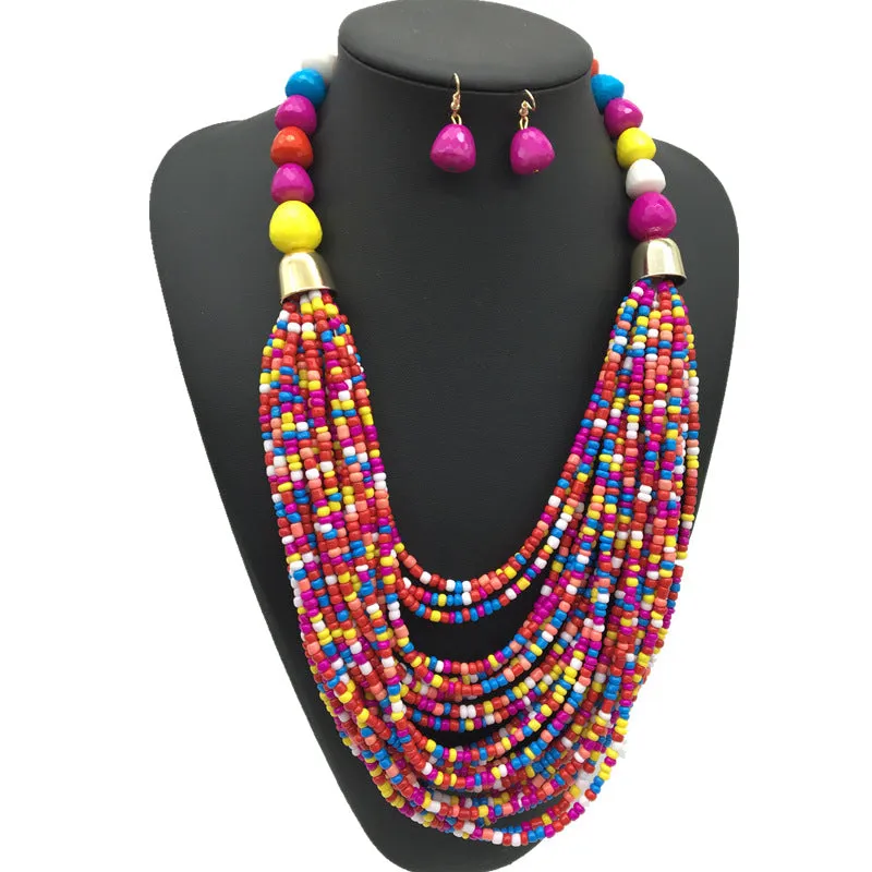 Extravagant Ethnic Style Multi-tiered Necklace Set with Resin Beads