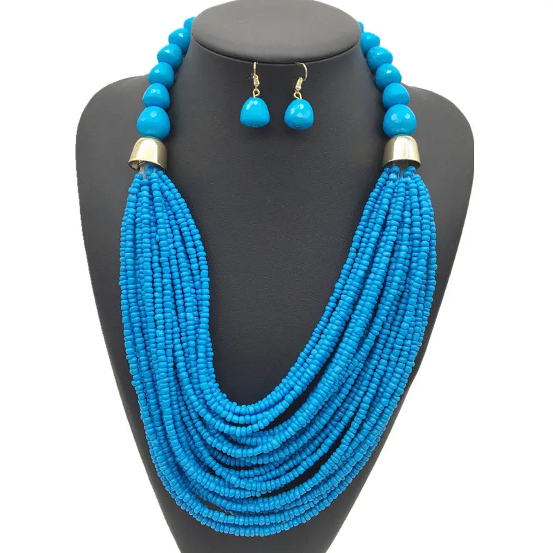 Extravagant Ethnic Style Multi-tiered Necklace Set with Resin Beads